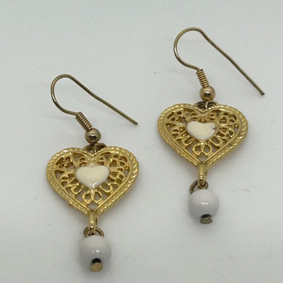 Vintage Gold-Tone Heart Drop Earrings With White Accents & Filigree Design - Picture 1 of 16